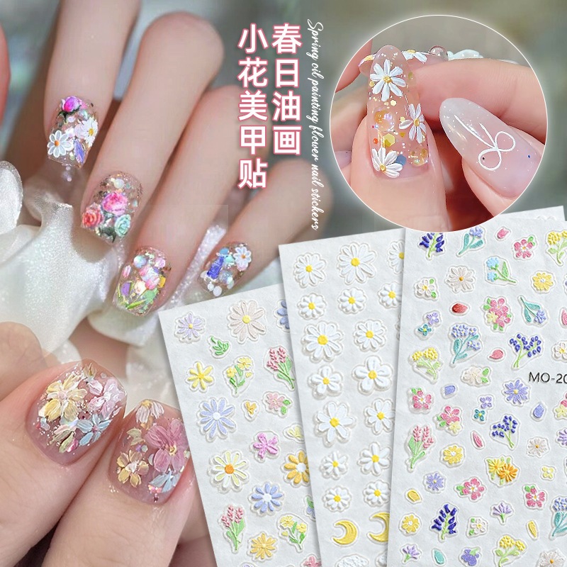 Spring Flower Nail Stickers Embossed White Daisy Colorful Petal Nail ...