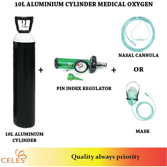 CELES Medical Oxygen 10L Aluminium Tank [FULL SET] , Regulator, Trolley ...