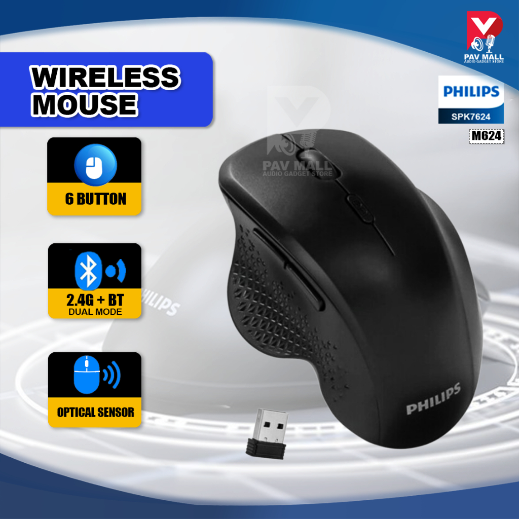 Philips SPK7624 M624 Wireless Mouse Dual Mode ( 2.4G + Bluetooth ) 6 ...
