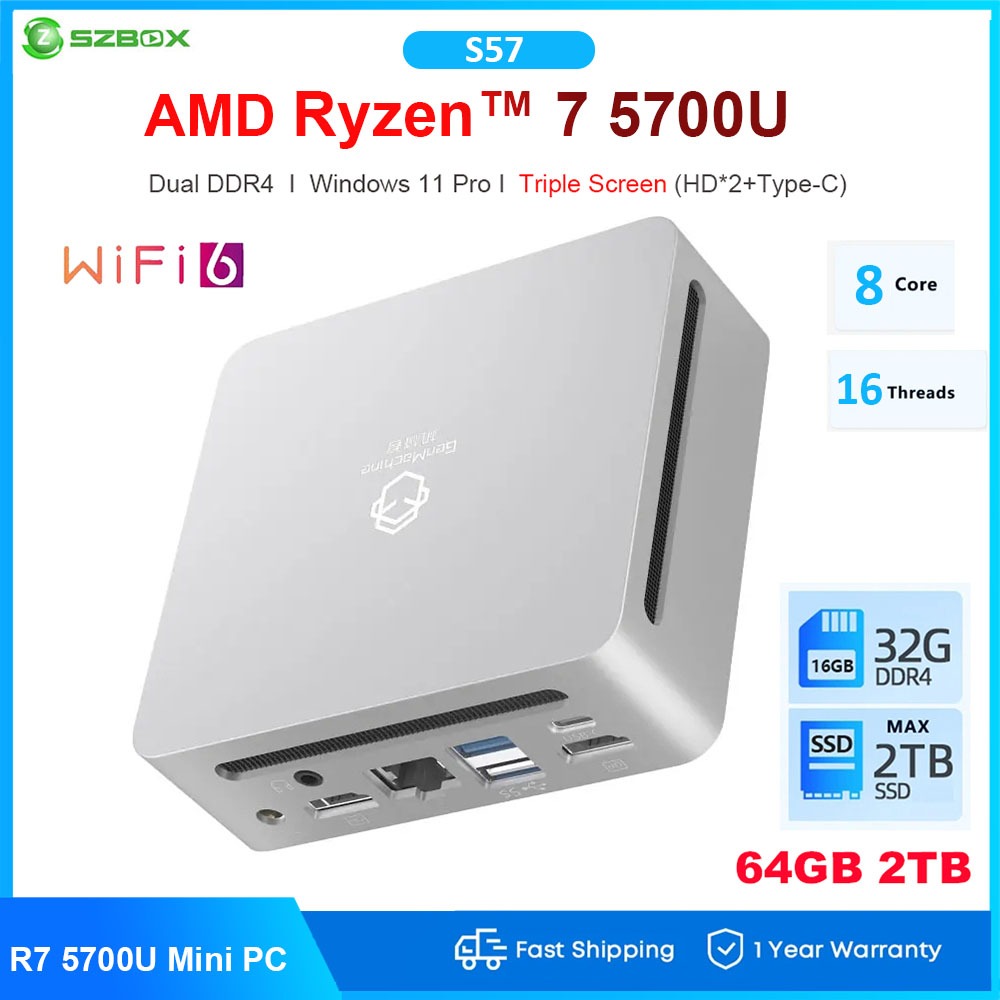 SZBOX AMD Ryzen 7 5700U Windows Mini PC WiFi 6 BT5.2 Type C Dual HD ...