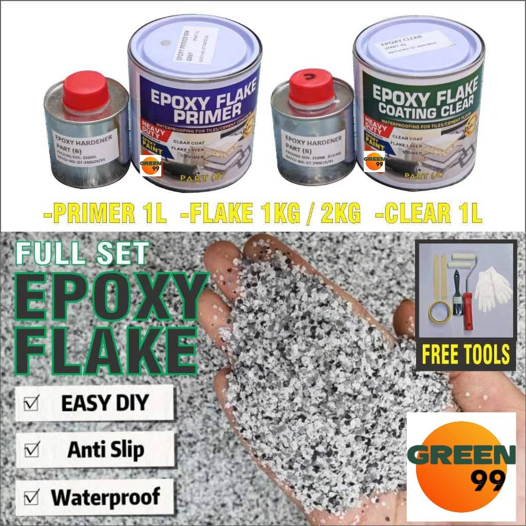 FULL SET (1L PRIMER/1L CLEAR / FLAKE / FREE TOOLS ) Epoxy Colour Flake ...