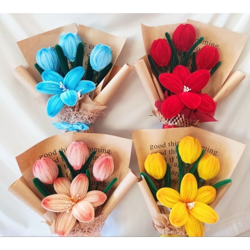 Tulip +Lily (M) Bouquet Handmade / Bunga Kawat Bulu/Pipe Cleaner Flower ...