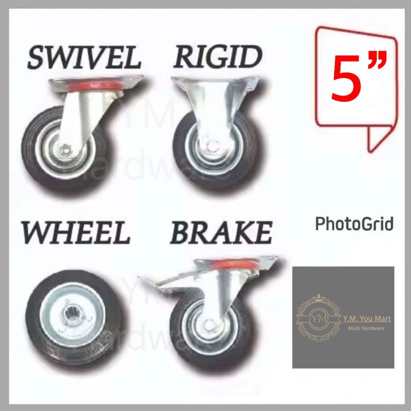 5'' (125MM) HEAVY DUTY BLACK RUBBER SWIVEL/RIGID/BRAKE CASTOR/CASTER ...