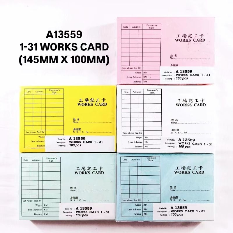 (3PKTS) A13559 1-31DAYS Labour Card / Works Card 100'S | 145MM X 100MM ...
