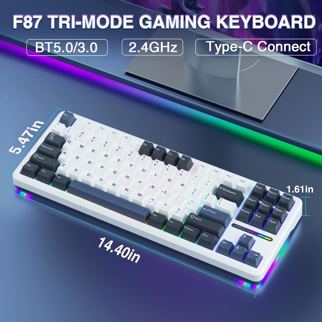 AULA F87 Wireless Tri-Mode Mechanical Gaming Keyboard Blue White 87 ...