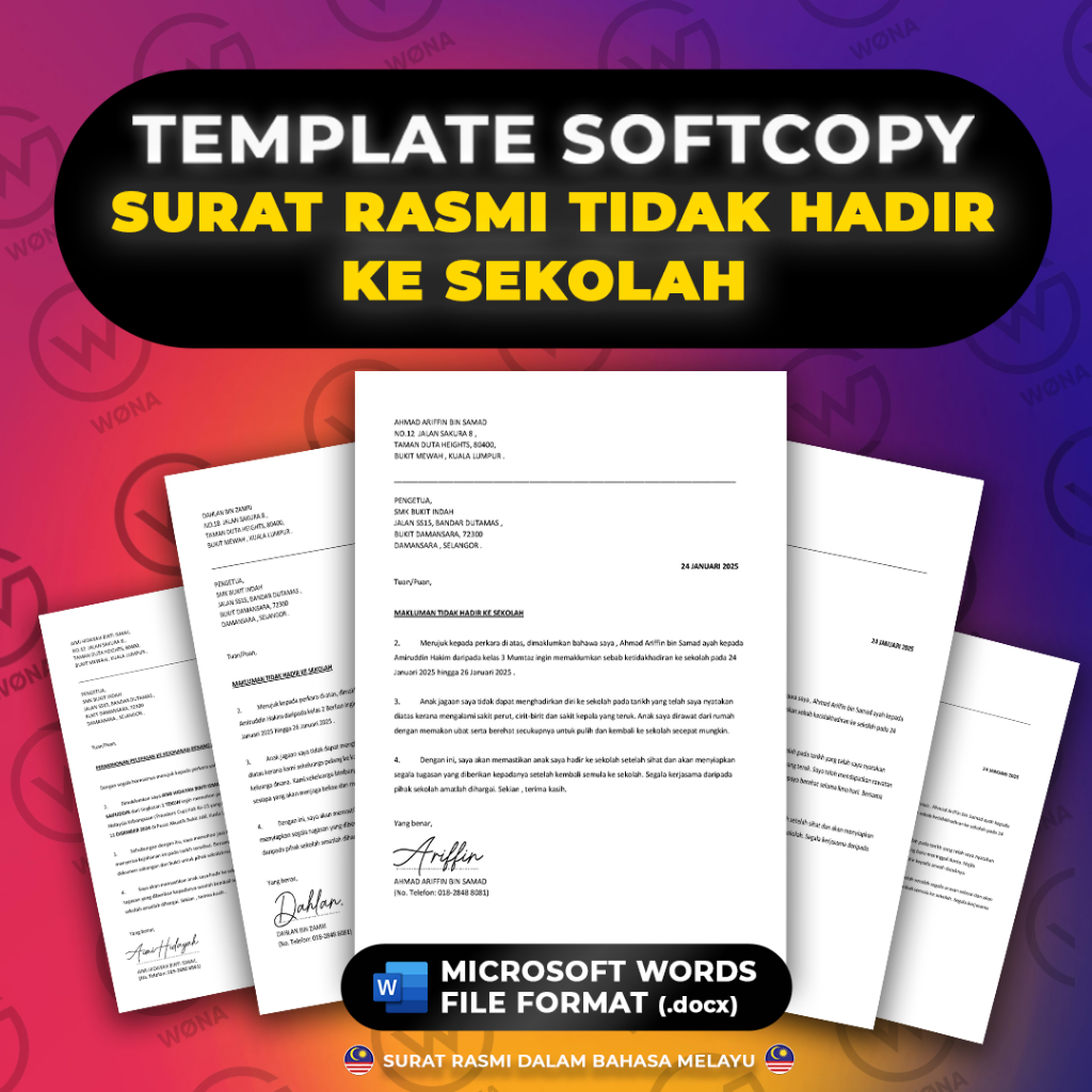 SURAT RASMI TIDAK HADIR KE SEKOLAH TEMPLATE SOFTCOPY MICROSOFT WORDS
