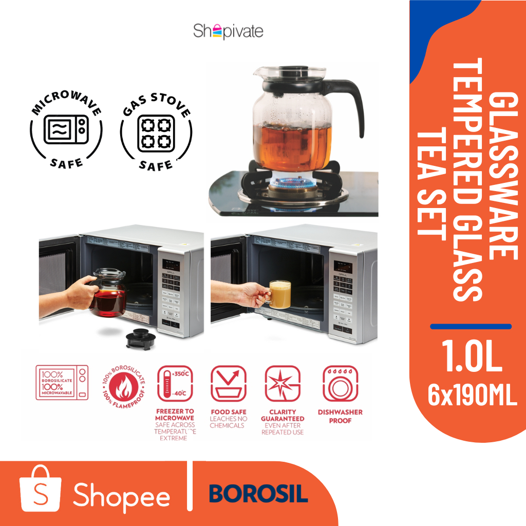 Borosil Classic Glassware Tempered Glass Tea Set 1.0L with 6 Cups 190ml
