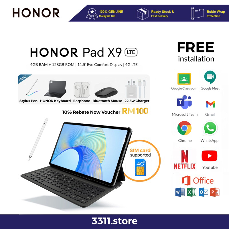 HONOR Pad X9 LTE 4GB+128GB, Pad X8 4+64GB, Pad masuk sim, Pad kerja, Tablet office, 1 year warranty HONOR Malaysia