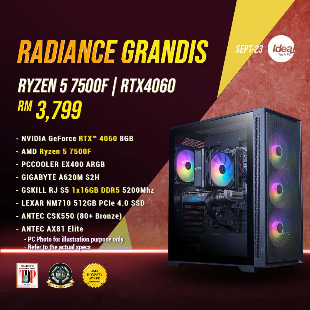 IDEALTECH RADIANCE GRANDIS AMD Gaming PC Package with RTX4060 8G (Ryzen ...