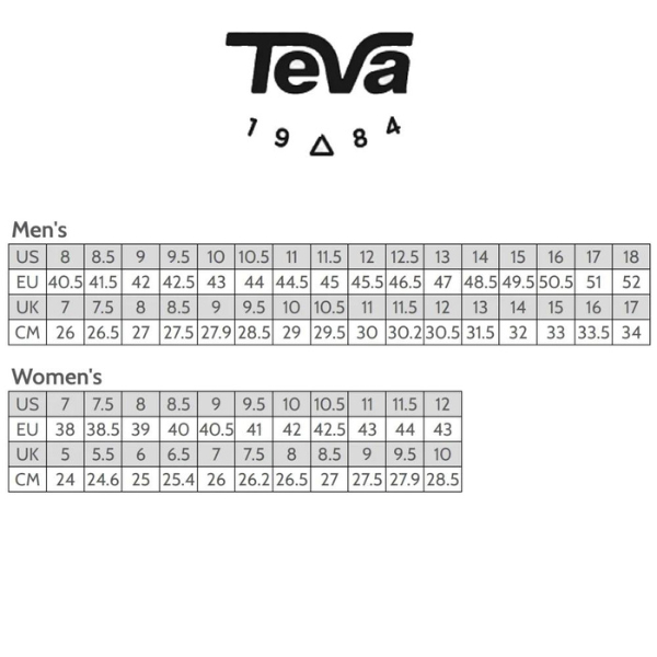 Teva sandals size chart store