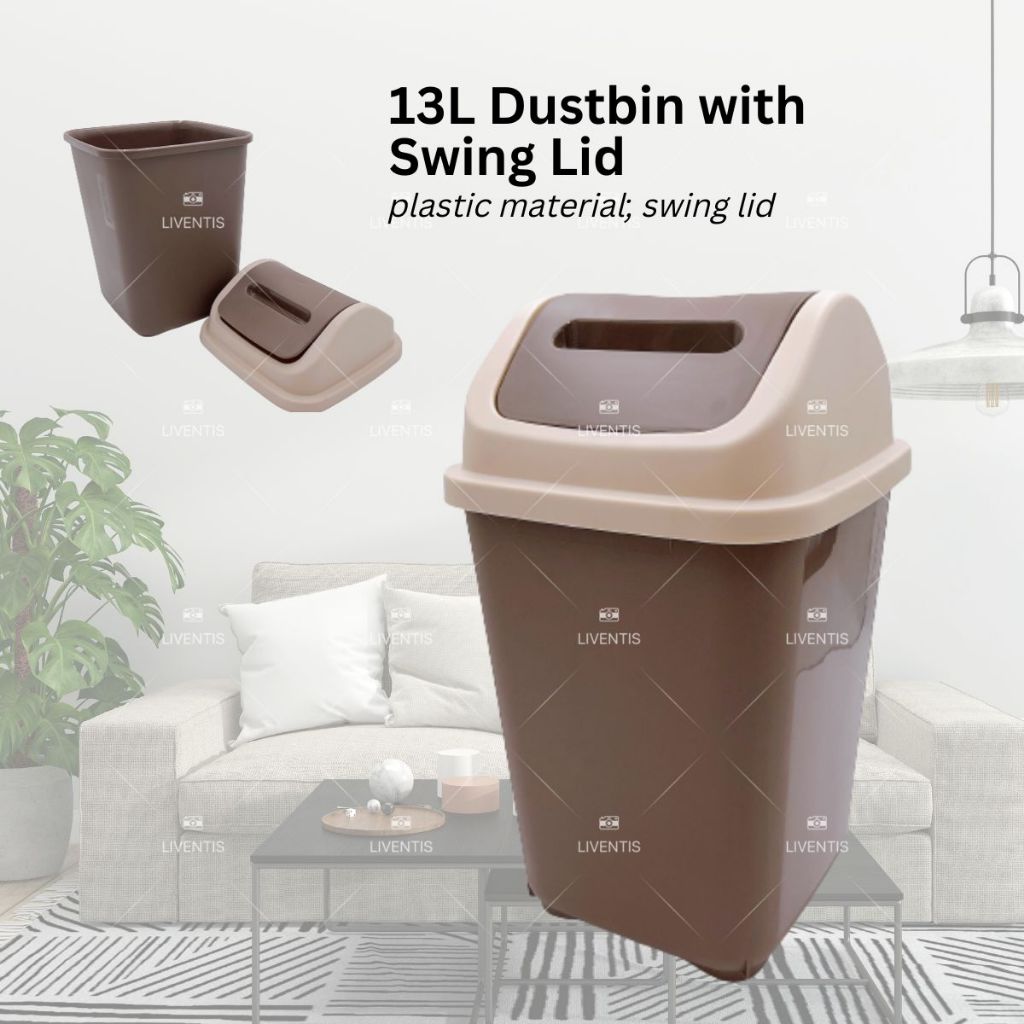 13L Dustbin with Swing Lid Rubbish Bin Waste Paper Basket Garbage Tong