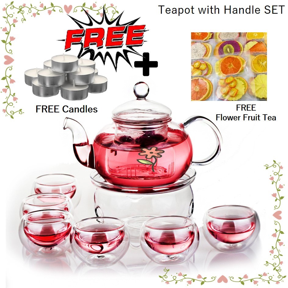 FREE GIFT Flower Fruit Tea + Candles Teapot Glass High Tea SET Tea Cups ...