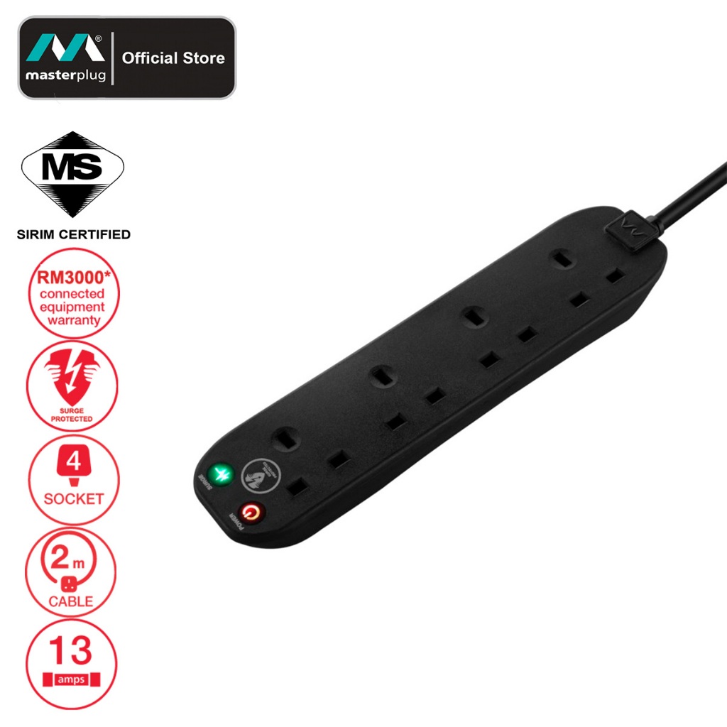 Masterplug Surge Protector 4 Gang 2 Meter Extension Leads Safety Shuttered  Sockets With LED Indicator Power Cord SRG42NB