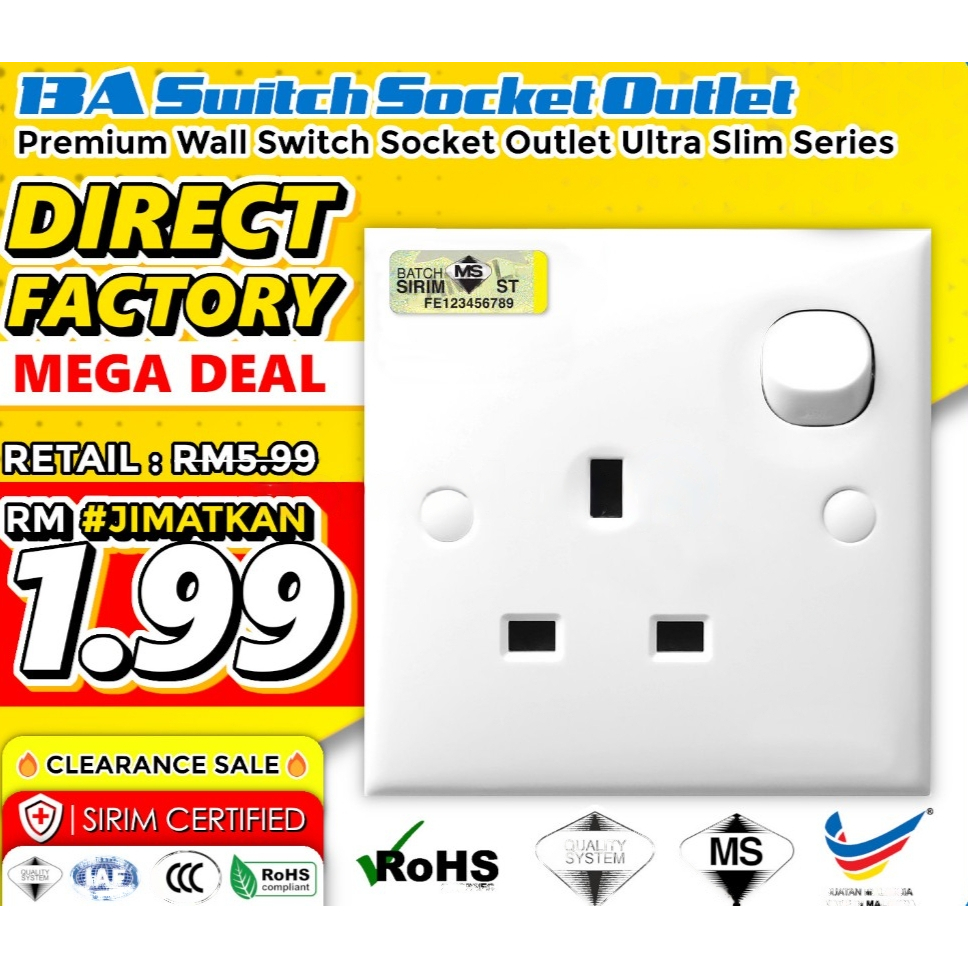 SIRIM 13A Switch Socket Outlet Wall Socket Switches Power Plug Wall