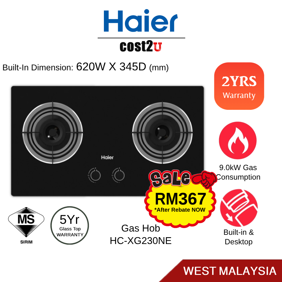 Haier 73cm 2 Burner BuiltIn Gas Hob HCXG230NE (Table Top Glass Hob