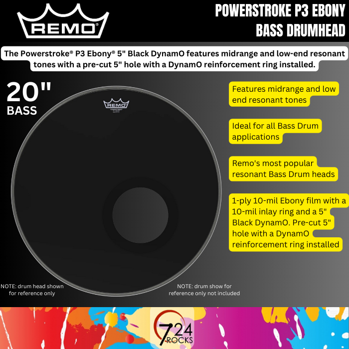 Remo drum heads Remo P31020ESDM Powerstroke 3 Ebony 20 inch Remo 20