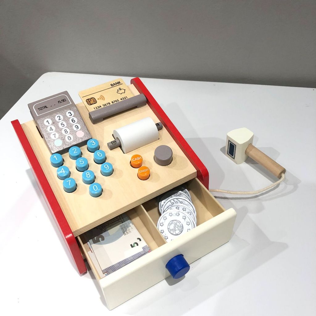 Wooden Cashier Drawer for Kids Educational Counting Scanning Barcode ...