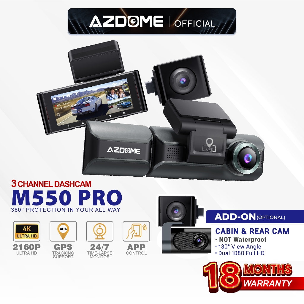 AZDOME M550 PRO 2160P/4K Ultra HD 3 Channel Front & Rear DashCam Night  Vision App Control Car Camera Driving Recorder