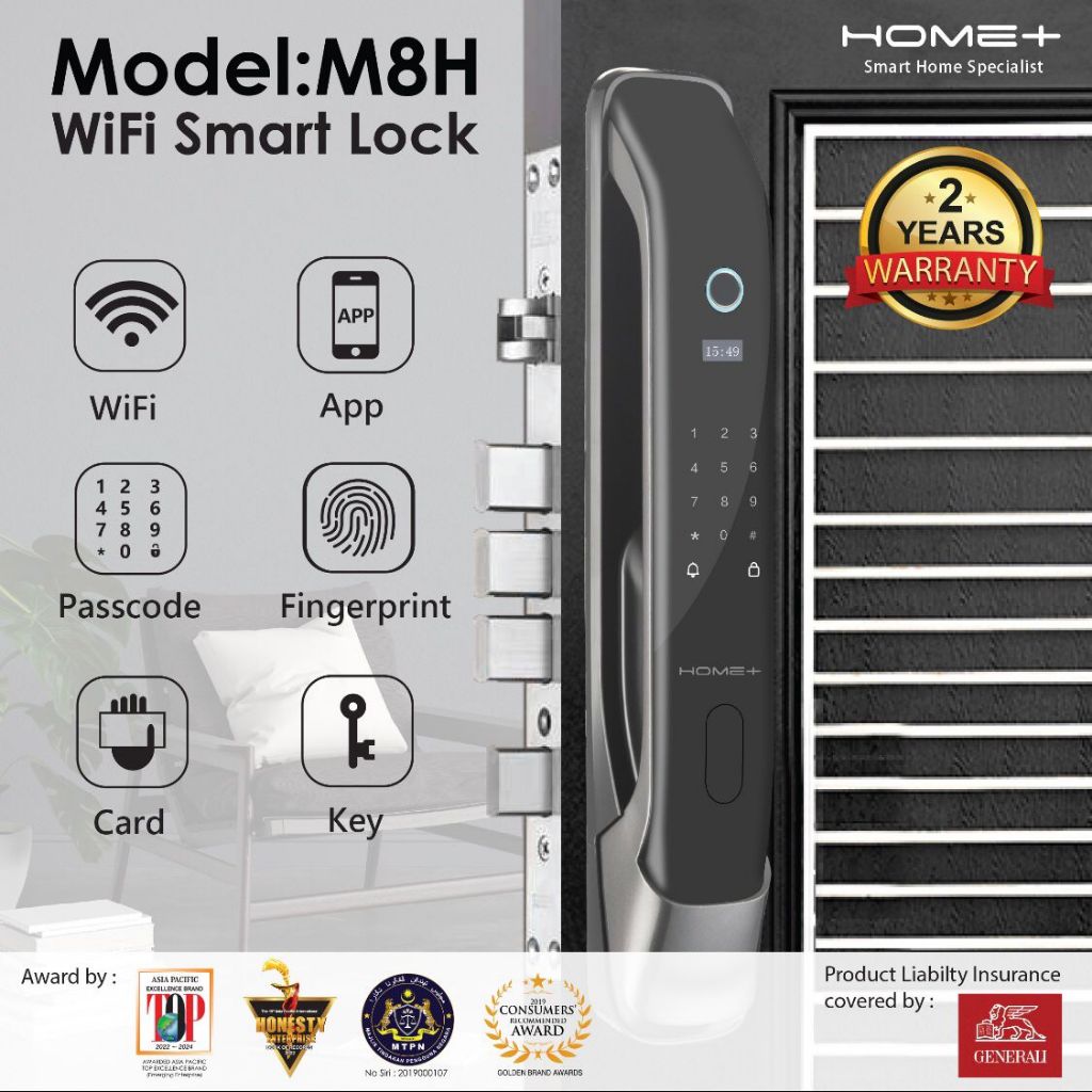 Home+ M8H Push&Pull WiFi Smart Lock l 6 Methods to Unlock l Wooden Door ...