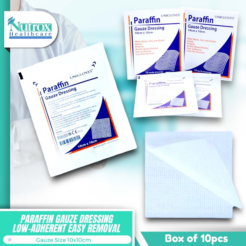 PARAFFIN GAUZE DRESSING 10x10CM UNIGLOVES Sterile soft paraffin base(10pcs/box)for minor burns