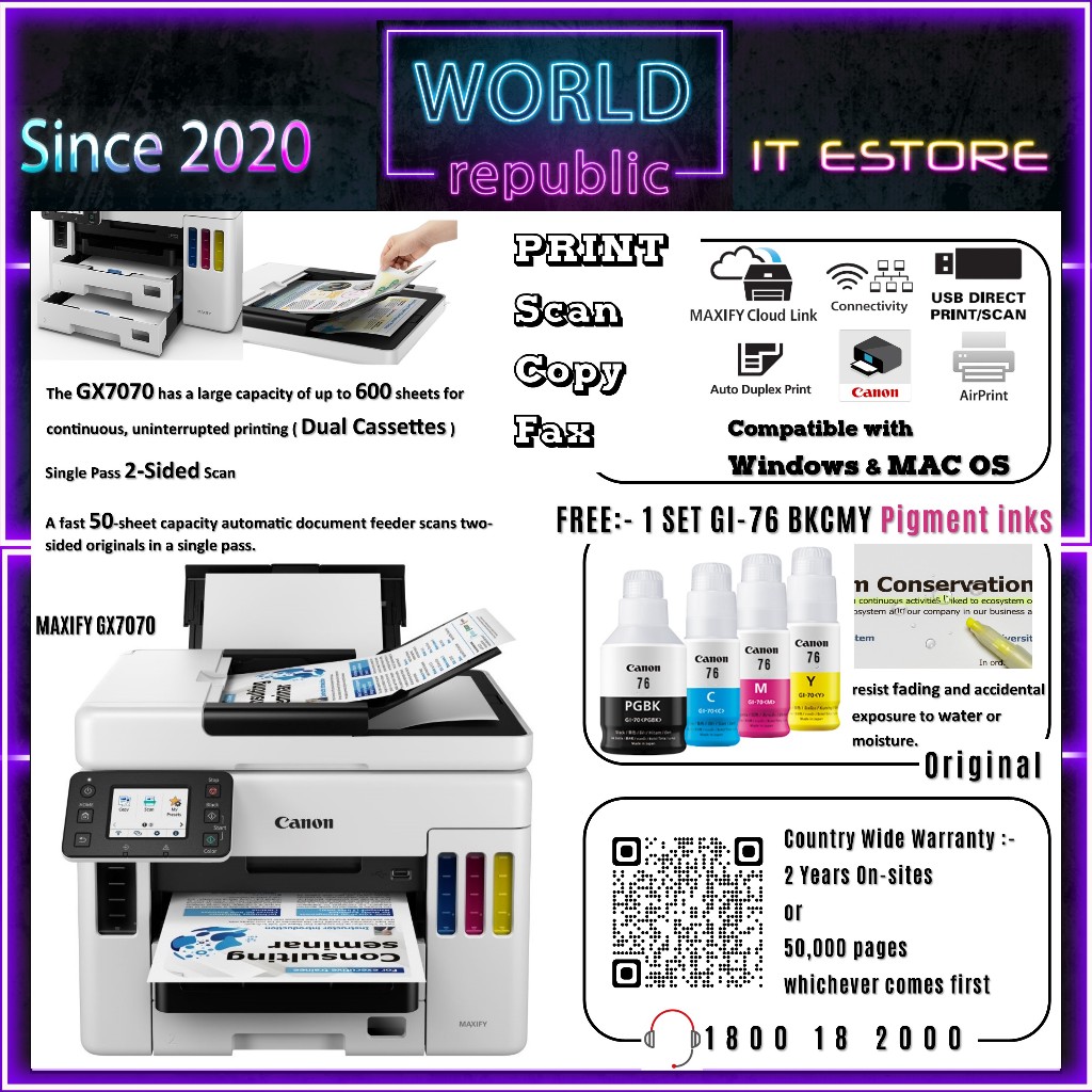 Canon Printer MAXIFY GX7070 Print, Scan, Copy, Fax Wireless, Wired