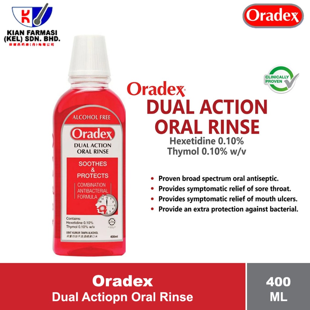 Oradex Dual Action Mouthwash Mint 400ML (Relieve Sore Throat & Mouth