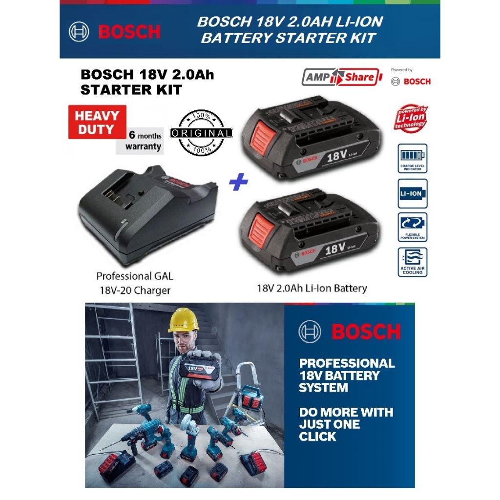 Original Bosch GBA 18V 2.0Ah Li-ion Battery Starter Pack Kit | Shopee ...