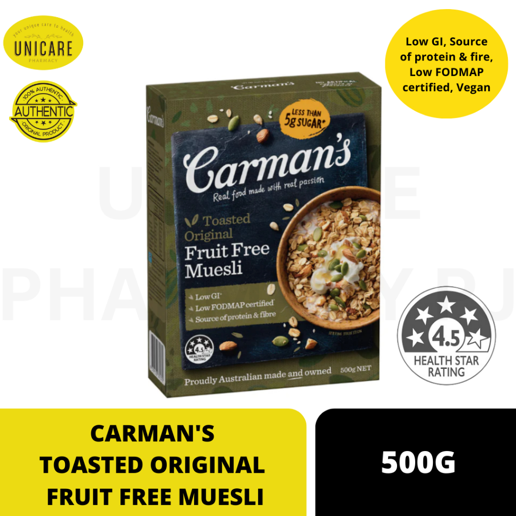CARMAN'S TOASTED ORIGINAL FRUIT FREE MUESLI 500G. Low GI, Source of
