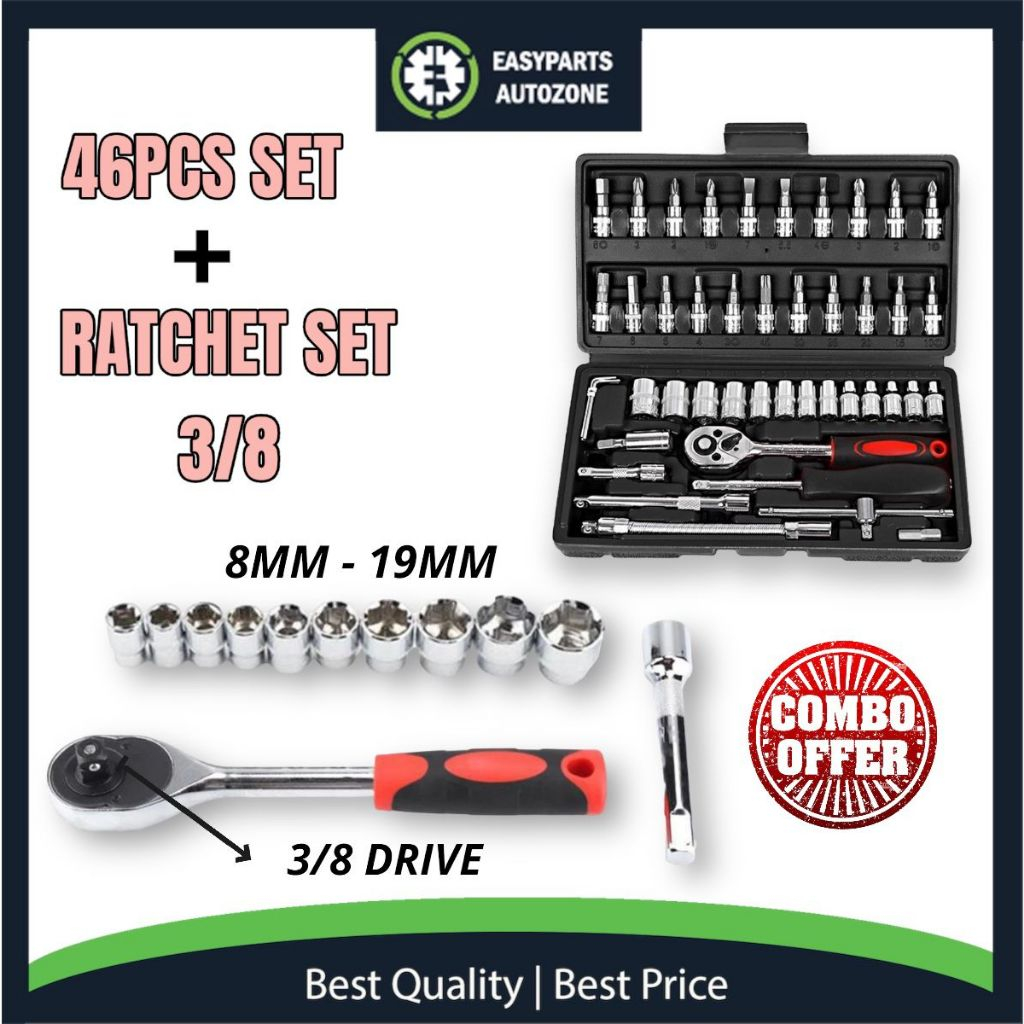 Autozone 46pcs Chrome Vanadium Socket Set Tool Box Set Ratchet Spanner Wrench Set for Car Repair Mechanic Shopee Malaysia