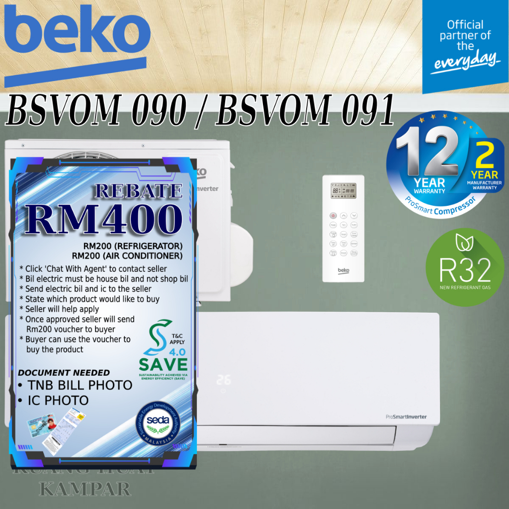 BEKO 1.0HP R32 PROSMART INVERTER AIR CONDITIONER BSVOM 090 / BSVOM 091 ...