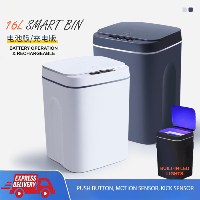 16L Smart Bin Automatic Touchless Big Volume Smart Sensor Dustbin LED ...