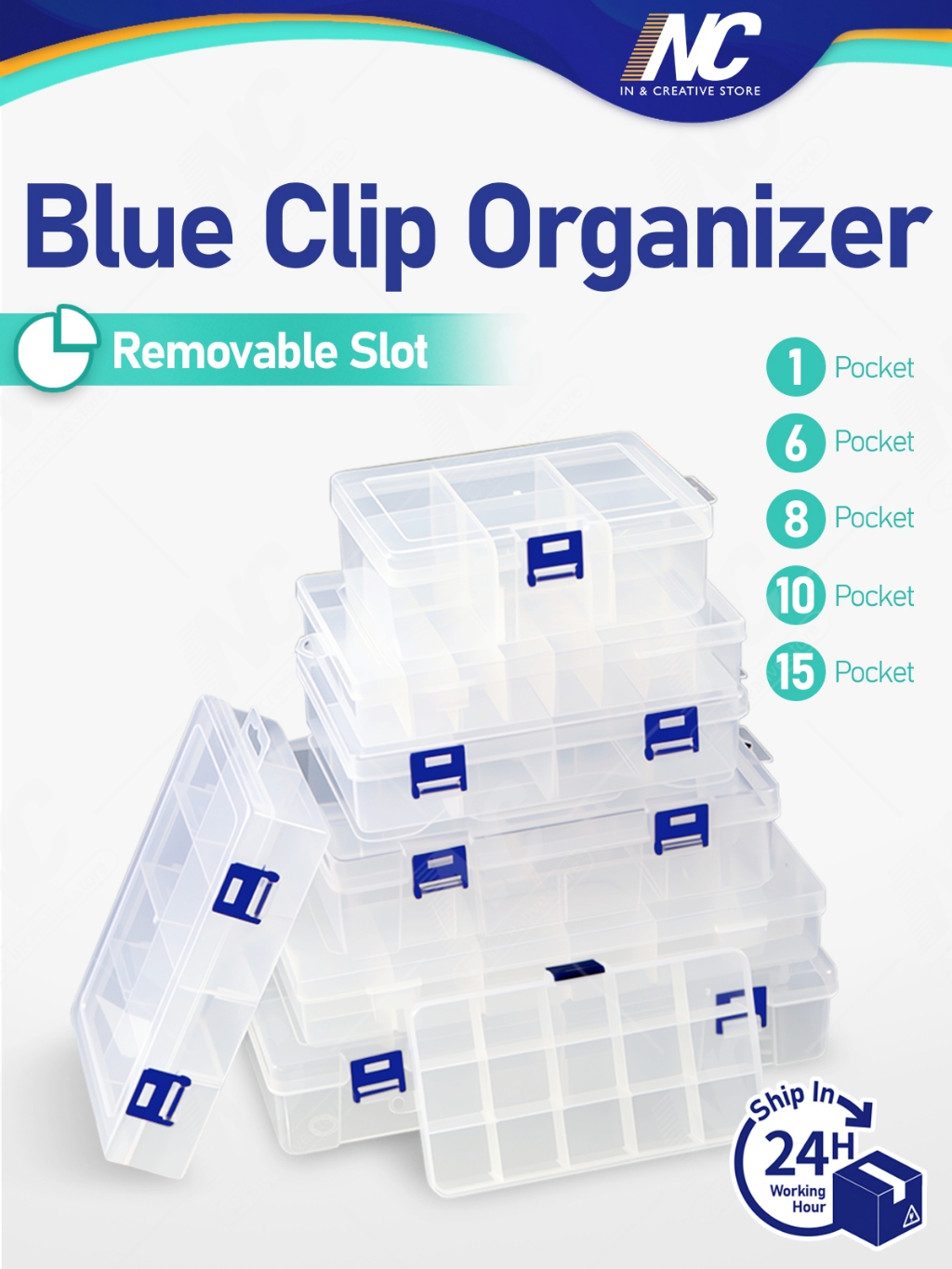 Removable Storage Box Transparent Blue Clip for Organizer Stickers ...