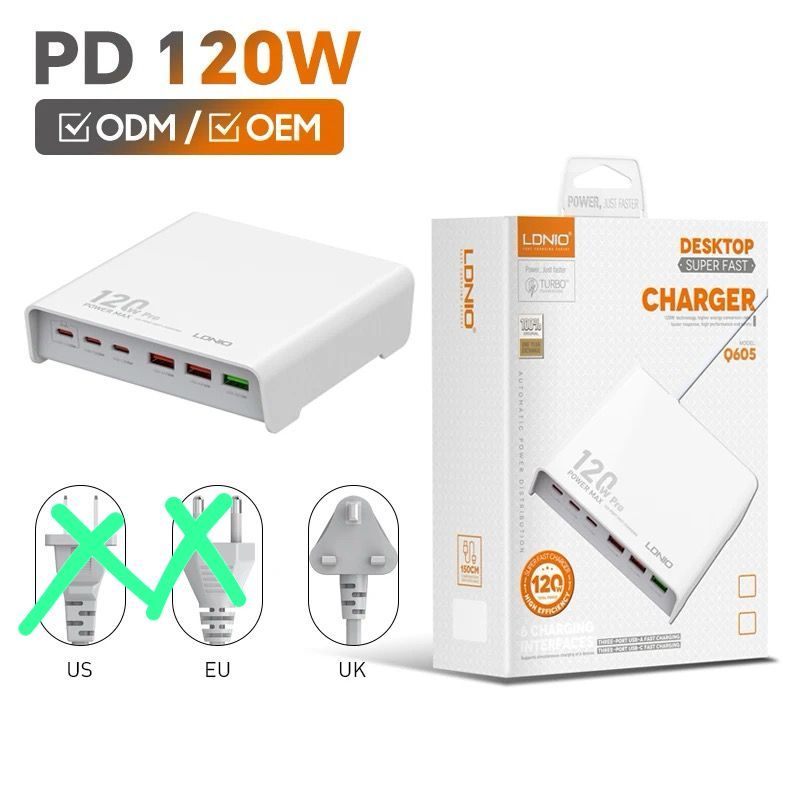 LDNIO Q605 PD 120W Super Fast Desktop Charging 3 USB-C + 3 USB-A Ports ...