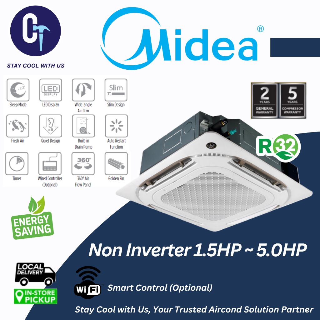 MIDEA NEW R32 SERIES CEILING CASSETTE AIR CONDITIONER INVERTER / NON ...