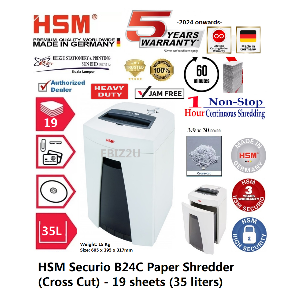 HSM Securio B24 C Paper Shredder (Cross Cut) 4.5 x 30mm - 19 sheets (35 ...