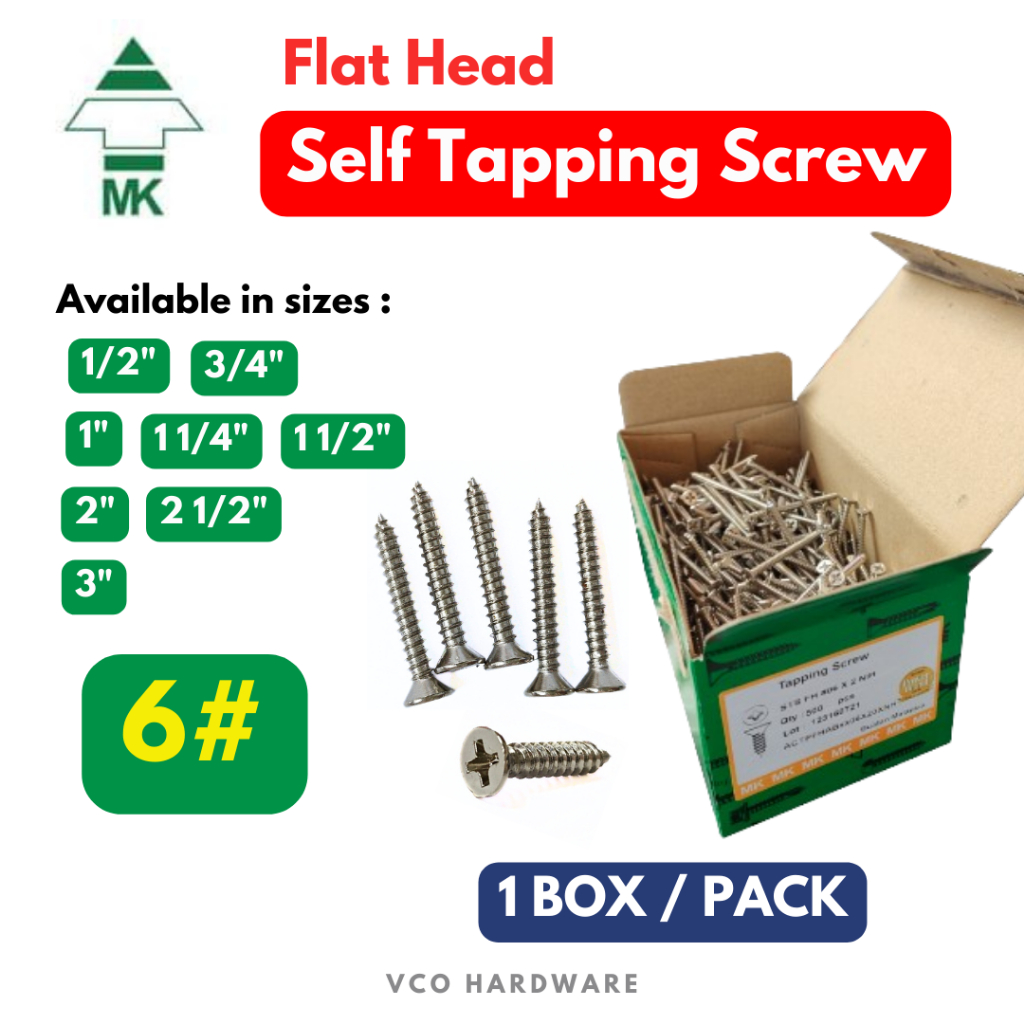 [ 1 BOX / 6# ] MK 6# Flat Head Self Tapping Screw/Countersunk flat ...