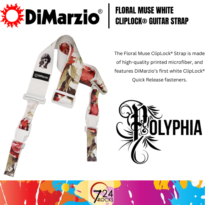 Sangle De Guitare DiMarzio ClipLock - Modèle Polyphia Signature Floral Muse White - Longueur Max 160 Cm - Fabriqué Aux USA