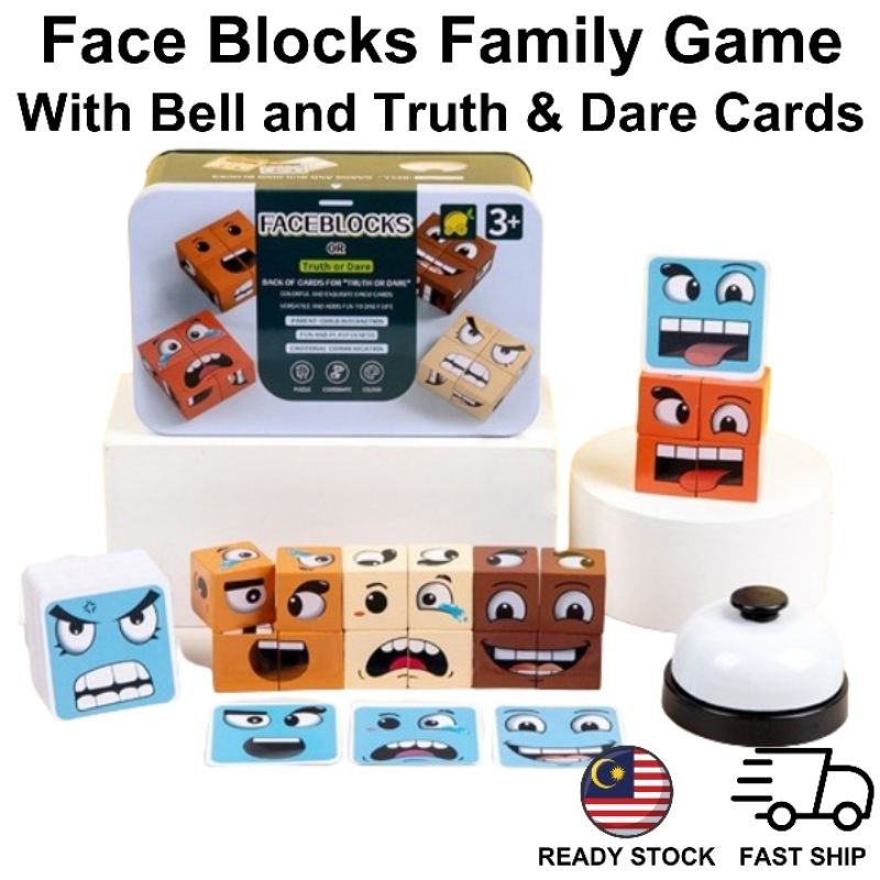 Face Blocks Game Face Changing Emoji Cube Wooden Building Block with Bell & Truth & Dare Cards
