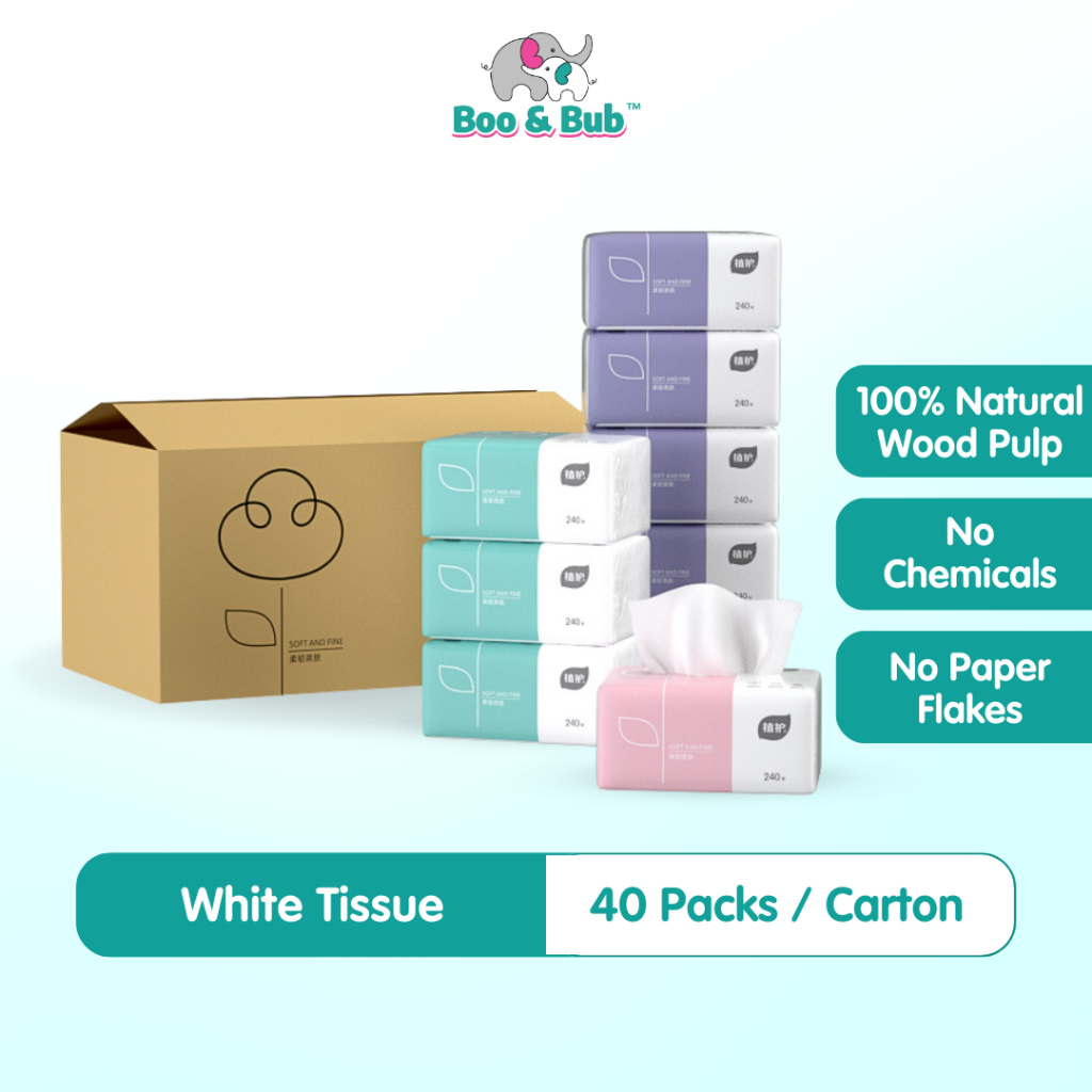 [40 Packs/ Carton] Boo&Bub White Tissue 4Ply Soft Facial Tissue Pocket ...