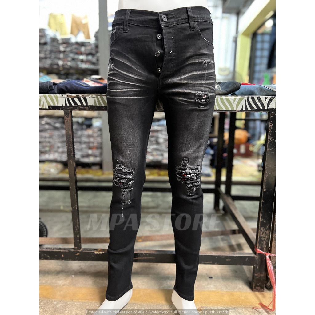 Seluar Jeans Corak Lutut Hitam Model Patung / Jeans koyak Kain Getah ...