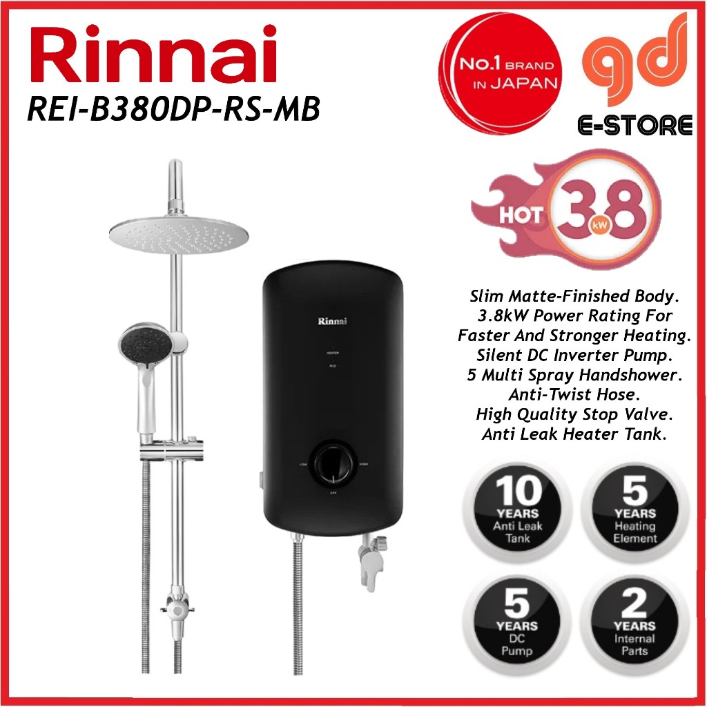 Rinnai Water Heater With DC Pump Rain Shower REIB380DPRSMB Matte