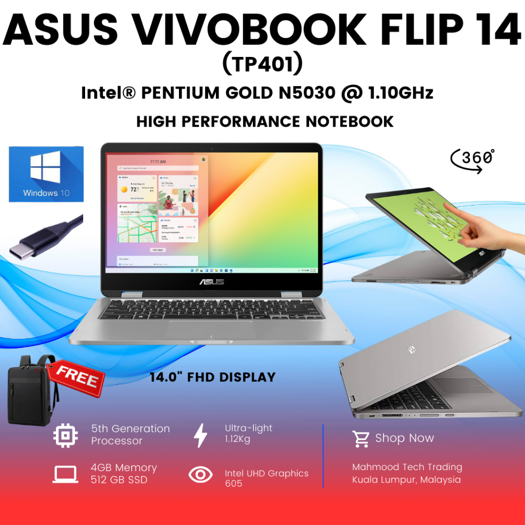 ASUS VivoBook Flip 14 2in1 WINDOWS Laptop,Touchscreen, Intel Pentium GOLD N5030, 4GB DDR4