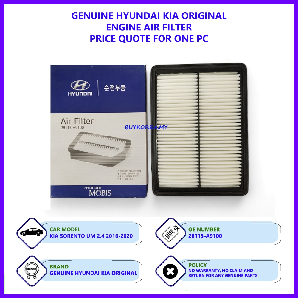 Kia Sorento UM 2.4 2016 Genuine Hyundai Mobis Engine Air Filter (28113