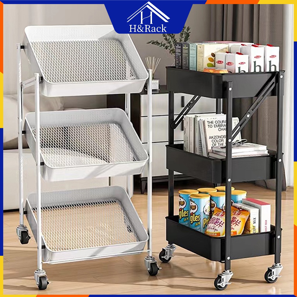 H&Rack 3 Tier Foldable Trolley Kitchen Multi-functional Metal Trolley ...