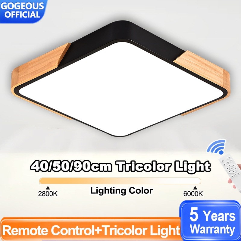 GOGEOUS 40/50/90cm Wood Ceiling Light LED Tricolor Square Ceiling Lamp ...