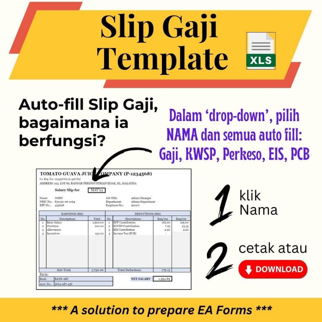 Slip Gaji Template auto-fill KWSP, PERKESO, Excel, Payroll template ...