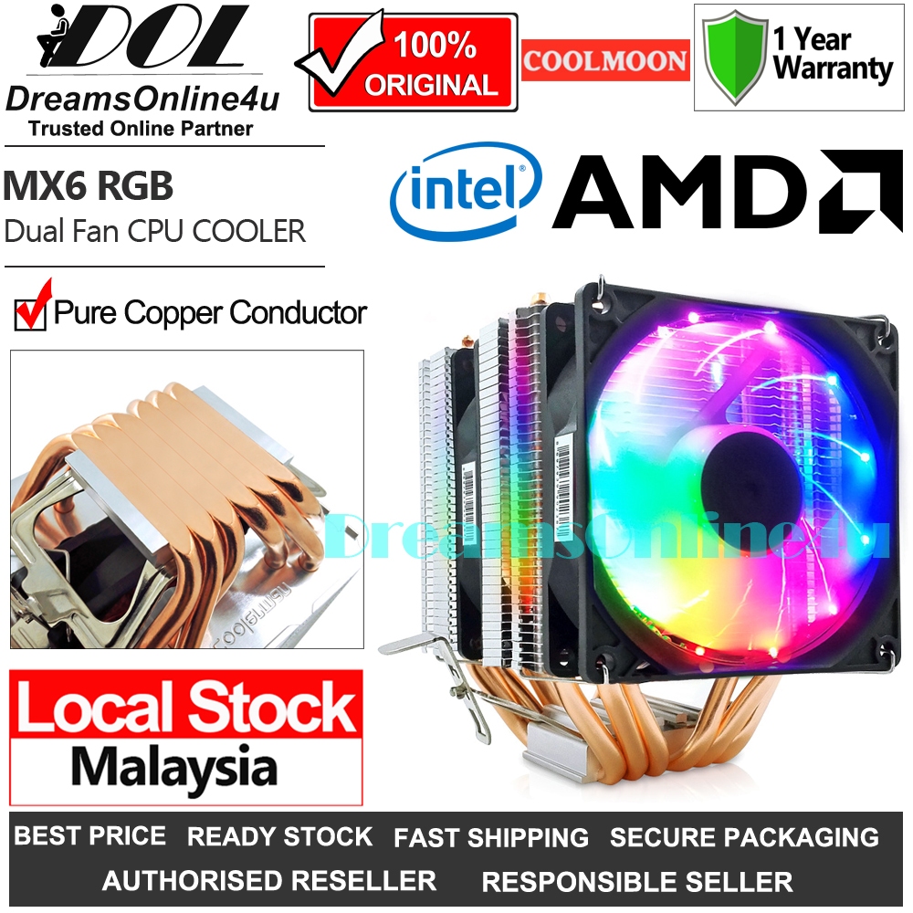 COOLMOON MX6 Dual RGB Fan 6 Pure Copper Tube Intel AMD CPU Gaming ...