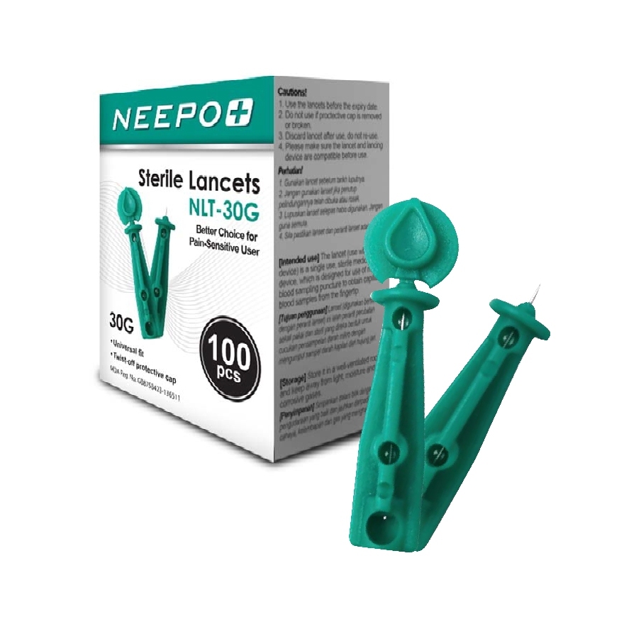 Neepo+ Blood Sterile Lancet 100's (Exp 29/1/2029) 采血针 Universal Design, Fine gauge 30G