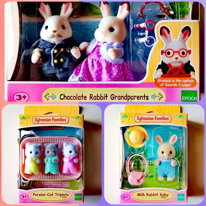 SYLVANIAN FAMILIES Chocolate Rabbit Grandparents + Persian Cat Triplets ...