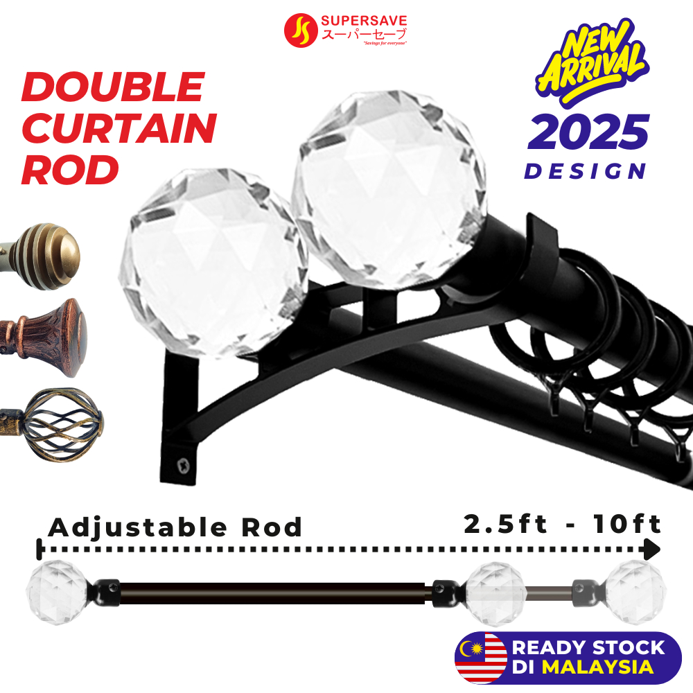 SUPERSAVE Double Adjustable Rod Metal Curtain Rod Double Set Batang ...